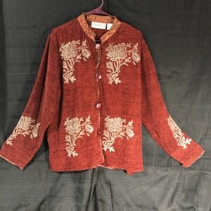 Vtg FLASHBACK Cardigan Jacket Sweater Size L -Embroidered,Wooden Buttons,Beads